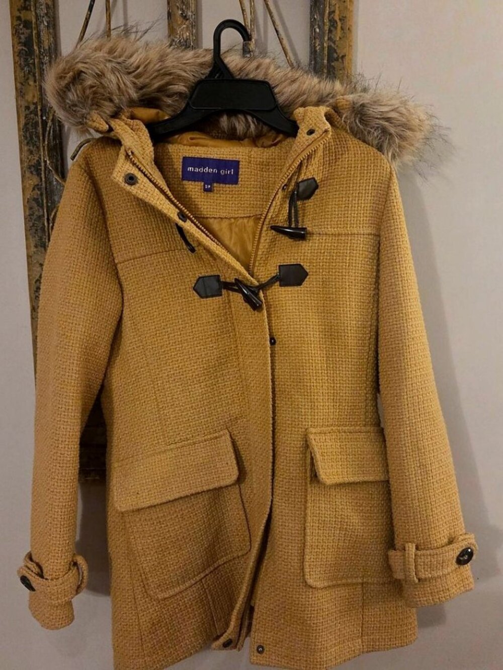 Madden Girl Toggle Duffle Coat Mustard Yellow Faux Fur Hood Size S
